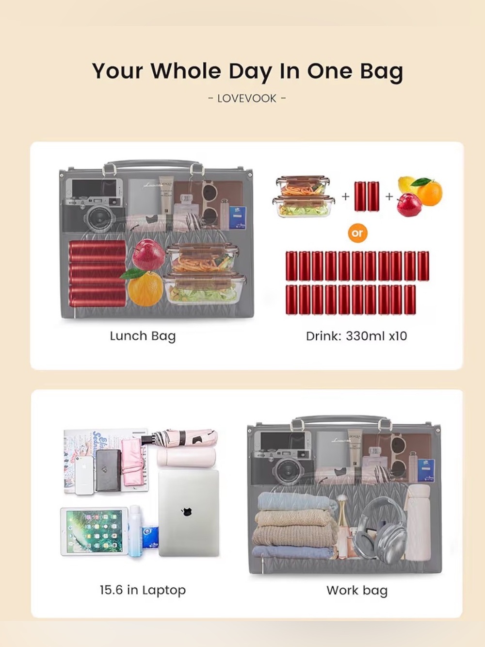 LOVEVOOK Laptop Lunch Tote Bag featuring a quilted front panel design - Picture 4 of 7